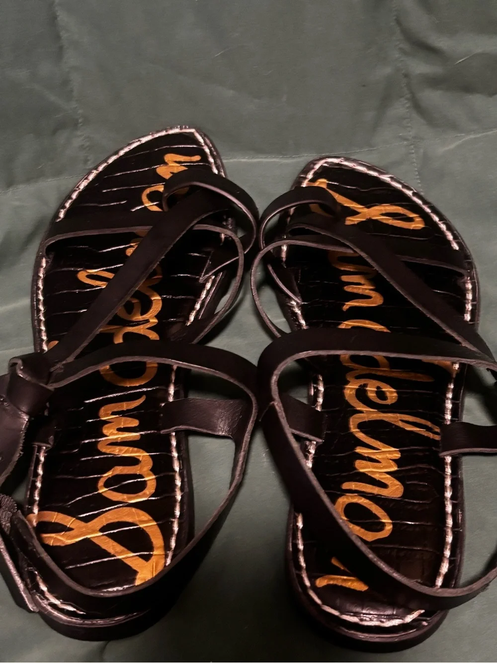 Sam Edelman Black Strappy Leather Sandals with Gold Script - Picture 4 of 4